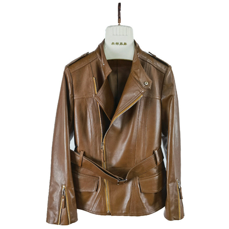 Jaqueta de couro genuíno feminina, casaco de pele de carneiro coreano casual de lapela para motocicletas, novo outono e inverno 2023