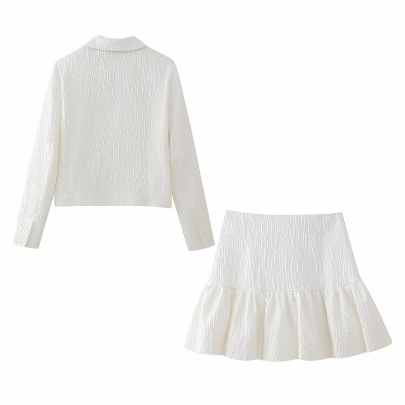 Traje de 2 piezas para mujer, chaqueta de tela con efecto de luz, blusa de manga larga Retro + Pantalones de enagua con cremallera, 2024