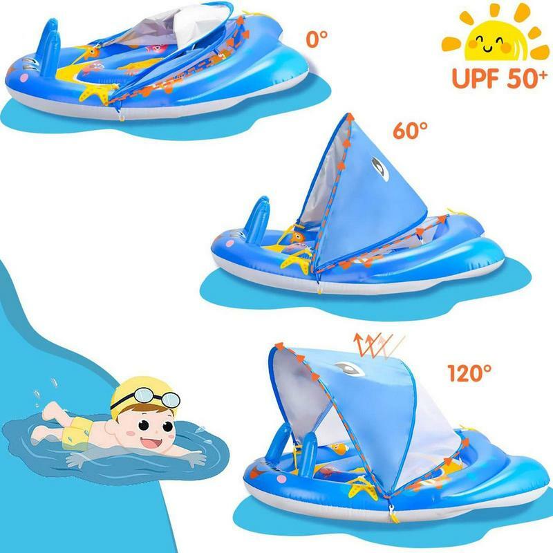 Pool Float Ring For Toddler Inflatable Safety Pool Floatie With Detachable Sun Protection Canopy Swim Training Ring For Kids