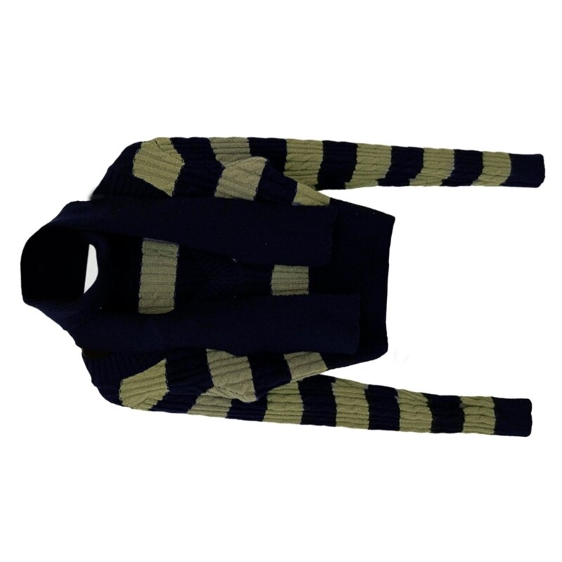 Damski sweter długim rękawem i dekoltem szpic, sweter paski, krótki sweter szalikiem