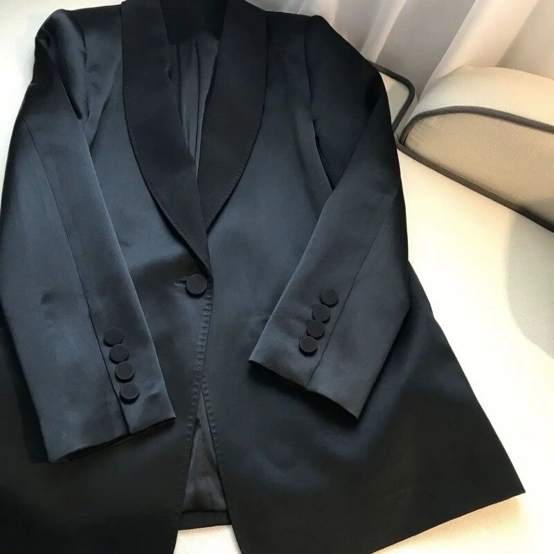 Insozkdg jaket hitam kecil wanita, mantel Atasan kantor Satin Vintage kasual musim semi musim gugur 2024