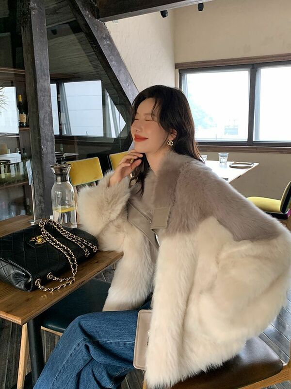 Lekka luksusowa koreańska damskie sztuczne futro pogrubiona ciepła odzież wierzchnia damska luźna modna, patchworka kurtka zapinana na co dzień
