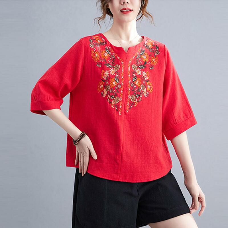 Women Summer Shirt Casual V-Neck Half Sleeve Pullover Tops Embroidery Floral Pattern Breathable Loose Blouse Women's Clothing