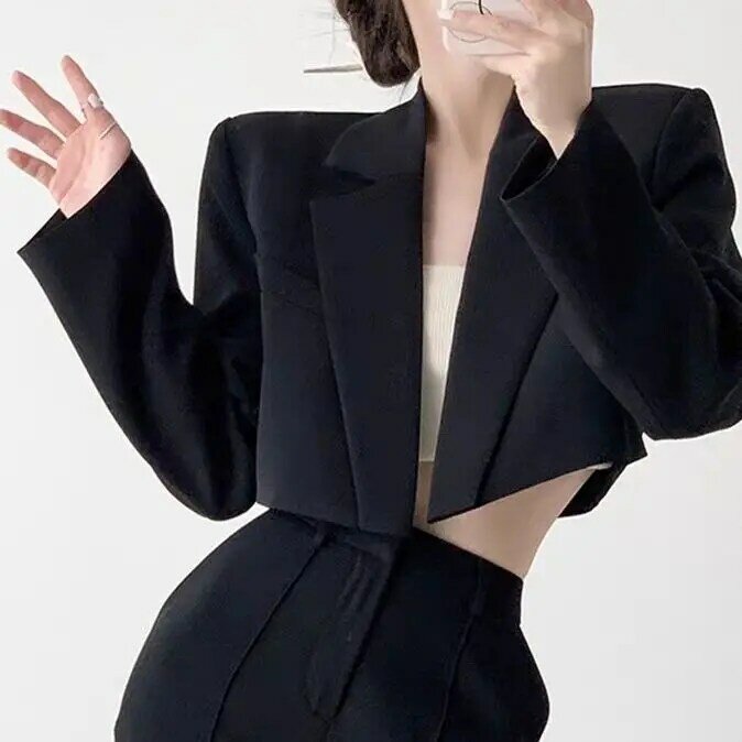 เสื้อผ้า2024เอวสูงแบบเรียบง่ายสำหรับผู้หญิงเสื้อโค้ทฤดูใบไม้ผลิแจ็คเก็ตลำลองสั้นสไตล์เกาหลี