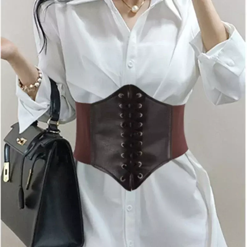Women's Corset Belt Fashion Gothic PU Leather Female Lace-up Corset Belts Slimming Waist Vintage Corset Black Wide Belt for Girl