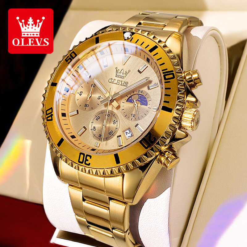 OLEVS-Reloj de pulsera para hombre, cronógrafo de cuarzo dorado con correa de acero inoxidable, resistente al agua, calendario de fase lunar, de lujo, Original