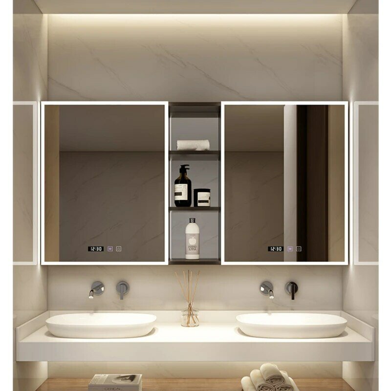 Armario de baño inteligente montado en la pared, gabinete de almacenamiento integrado separado, caja de espejo
