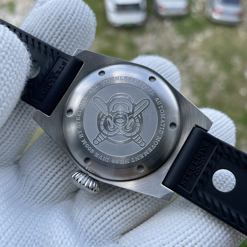 SD1904 jam tangan STEELDIVE pria, arloji gerakan otomatis mahkota besar menyelam 200M tahan air 38mm desain sederhana untuk lelaki