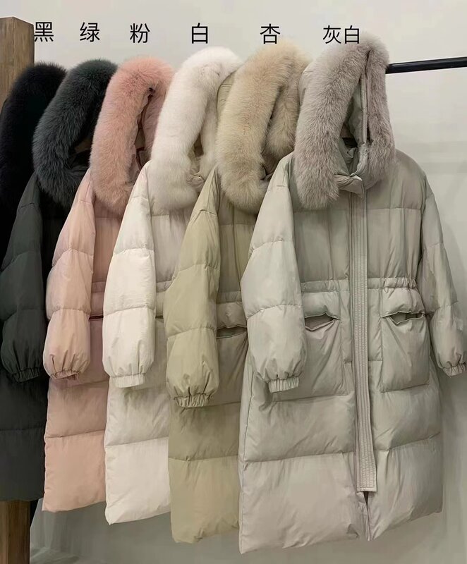 Mantel bertudung lengan panjang, jaket Luaran bertudung berbulu putih bebek musim gugur musim dingin tebal hangat berbantalan