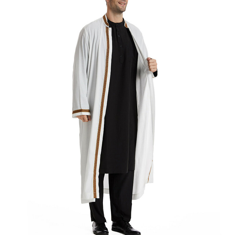 Mangas compridas para homens veste Ramada muçulmana, gola árabe, bordador islâmico Kaftan Thawb Maxi-Muslim Dubai Cardigan, Oriente Médio