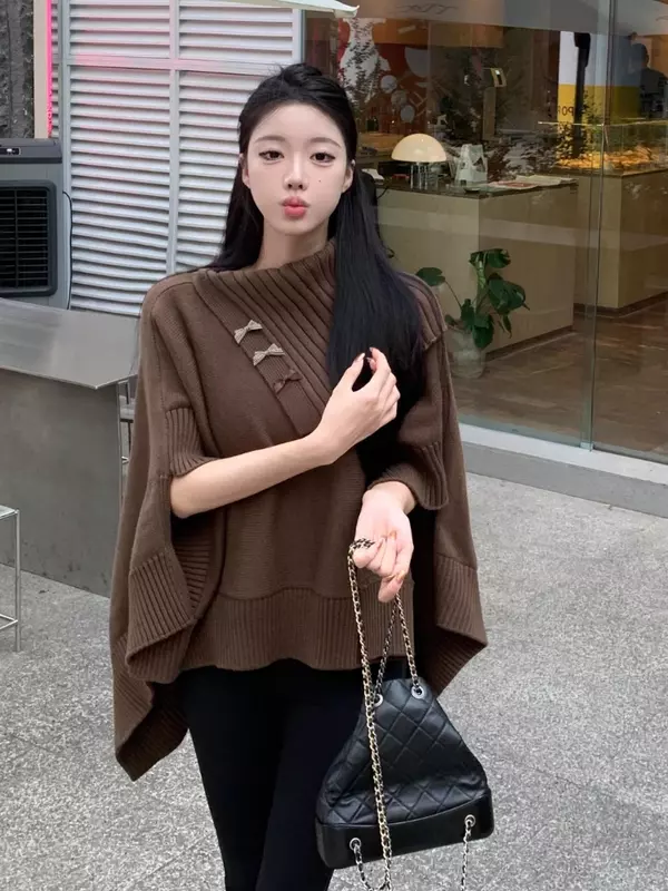 Асимметричные свитера, Женская однотонная накидка, индивидуальный шикарный популярный мешковатый в Корейском стиле, в стиле ретро, с напуском, без бретелек, темпераментный