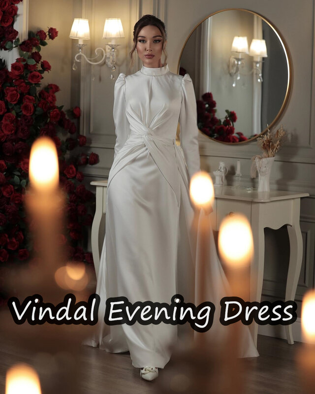 Vindal Ruffle Scoop Necklin abito da sera lunghezza pavimento ALine Satin elegante reggiseno incorporato Arabia saudita maniche lunghe per donna 2024