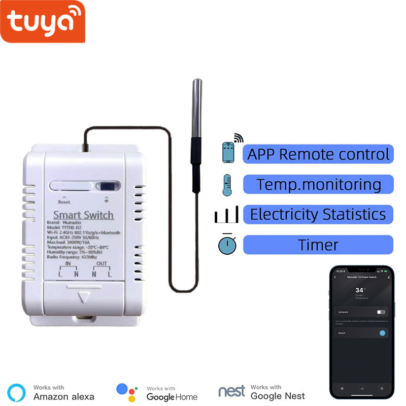 Smart Life-interruptores de temperatura WiFi, termostato inteligente de 16A, monitoreo de consumo de energía en tiempo Real con RF433 Compatible con Alexa