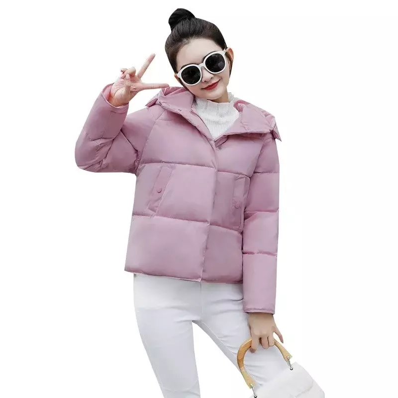 한국 패션 겨울 두꺼운 짧은 다운 코트, 오피스 레이디 캐주얼 출퇴근 지퍼 후드 파카, 단색 빅 포켓 오버코트