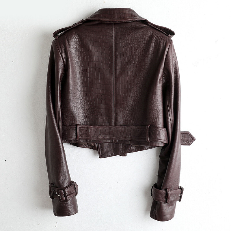 여성용 양각 라펠 짧은 허리띠 긴팔 오토바이 재킷, 정품 가죽 재킷, 가을 및 겨울, 2024 신상