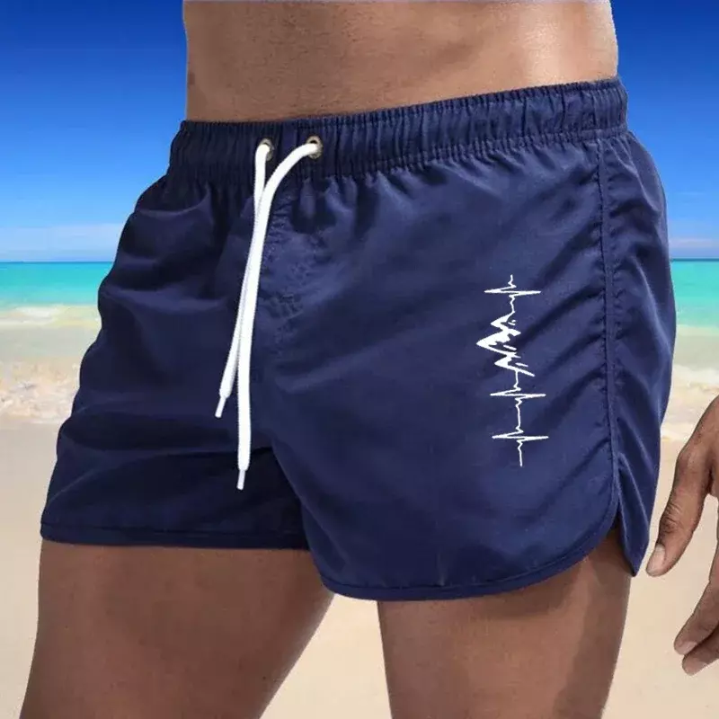Mens Mountain Heartbeat Printed Beach Shorts Summer Quick Dry Swimwear Casual Surf Shorts