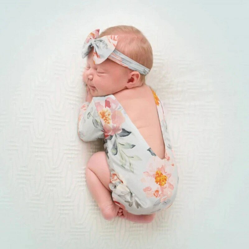 2 Pcs 신생아 사진 소품 아기 꽃 인쇄 Romper 활 머리띠 의상 G99C