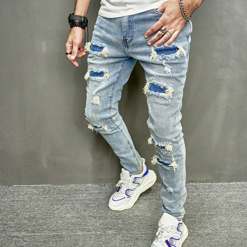 2023 modnych męskich dziur dżinsy Skinny na co dzień spodniach Streetwear męski stylowy, solidny wąskie spodnie jeansowe Hip Hop