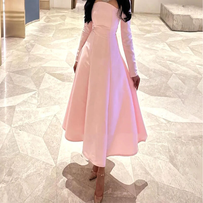 Qinghaizhixin saudita arabo rosa una linea abiti da sera manica lunga Mono raso Dubai abito da festa di nozze lunghezza del tè donne Prom Pa