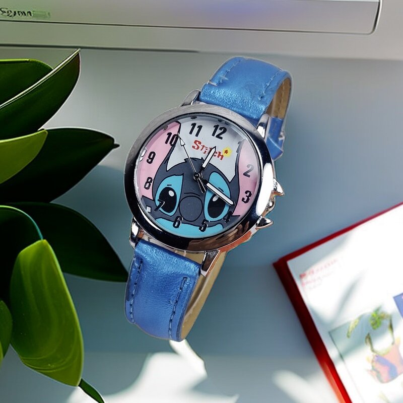 Disney-Children's Cartoon Stitch Watches, relógio com pulseira de couro para meninas, crianças e senhoras, relógio à prova d'água