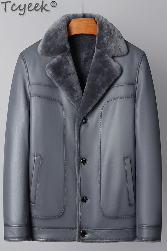 Tcyeek-abrigo de piel Natural para hombre, chaqueta cálida de lana de oveja Real, con cuello de traje, a la moda, para invierno, 2023
