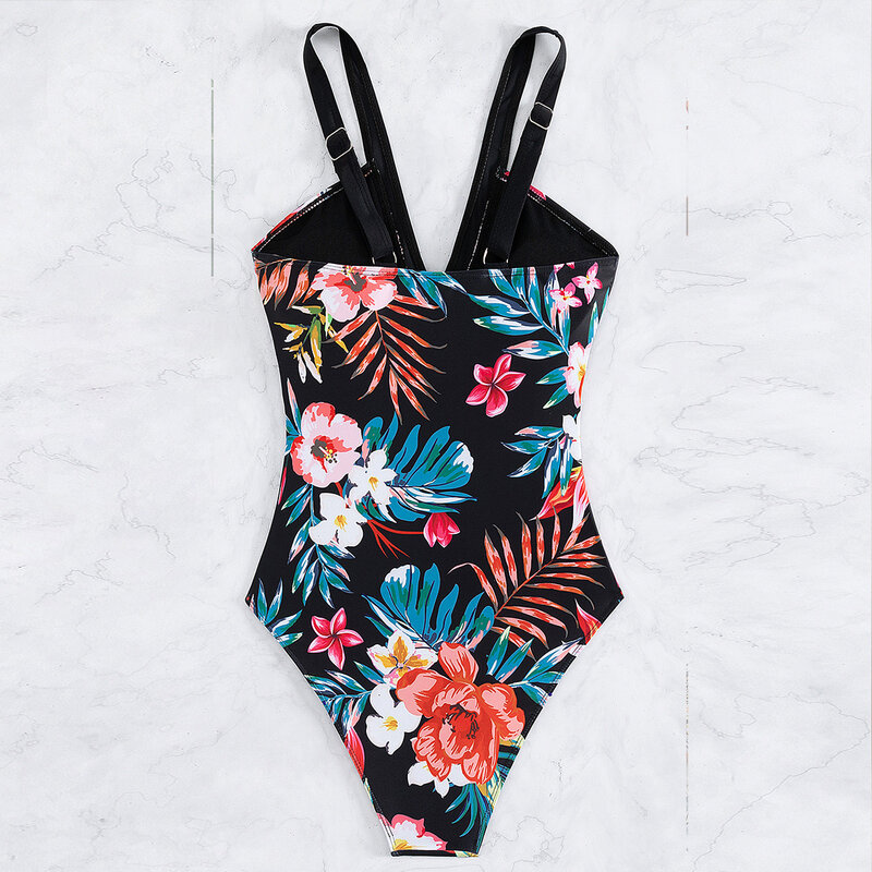ชุดบิกินี่เซ็กซี่สำหรับผู้หญิงชุดว่ายน้ำสีดำพิมพ์ลายดอกไม้ชุดว่ายน้ำ