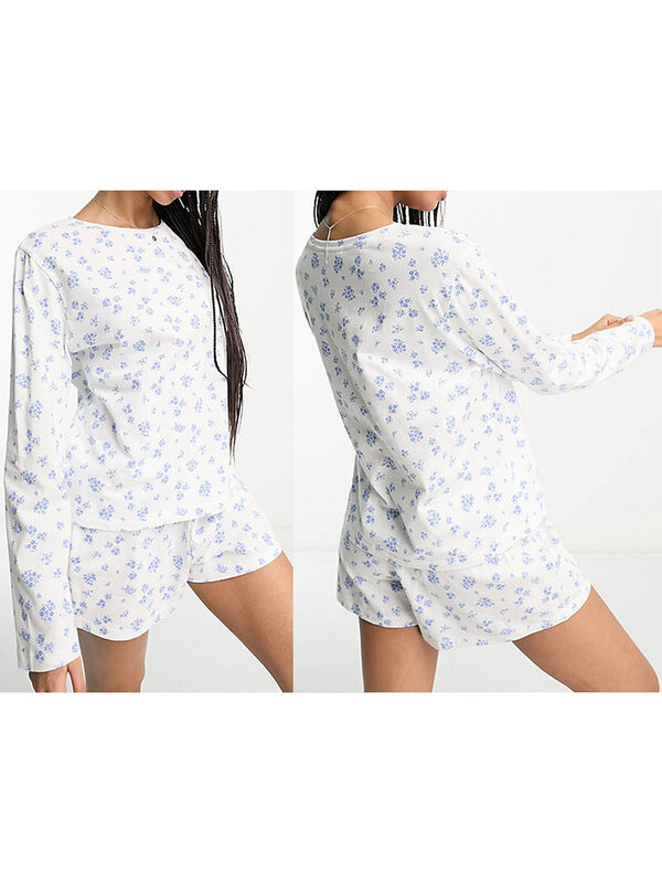 Women s Flower Printed Pajamas Set Casual Long Sleeve Tops with Lounge Shorts Two Piece Sleepwear