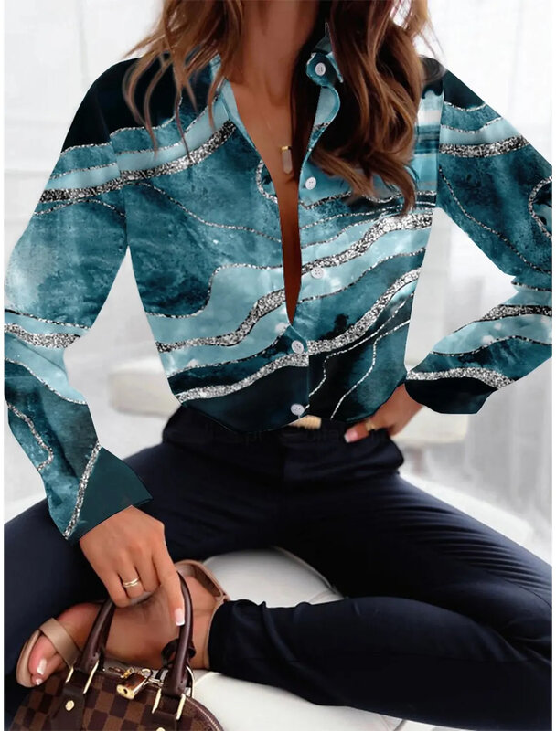 Camisa de lapela de textura zebra feminina, blusa solta retrô manga comprida, moda escritório, nova, primavera e outono, 2024
