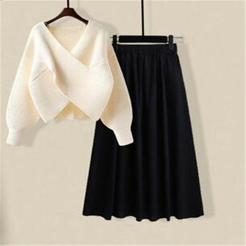 새로운 한국 패션 니트 스웨터 여성용, 큰 봄과 가을 정장 슬림 허리와 검은 드레스 투피스 세트 2023