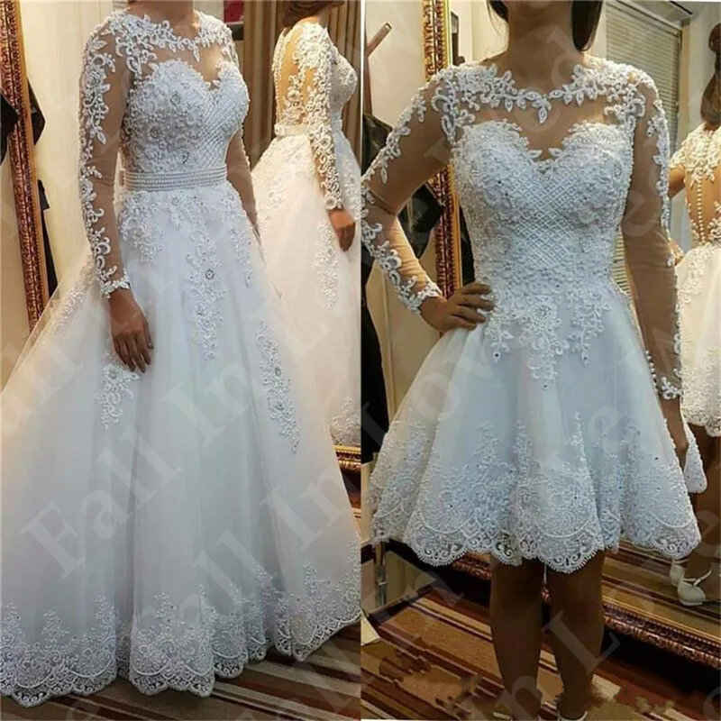 Gaun pengantin lengan panjang gaun pengantin Tulle A-Line mutiara applique renda indah Vestidos De Novia kereta lepas pasang khusus