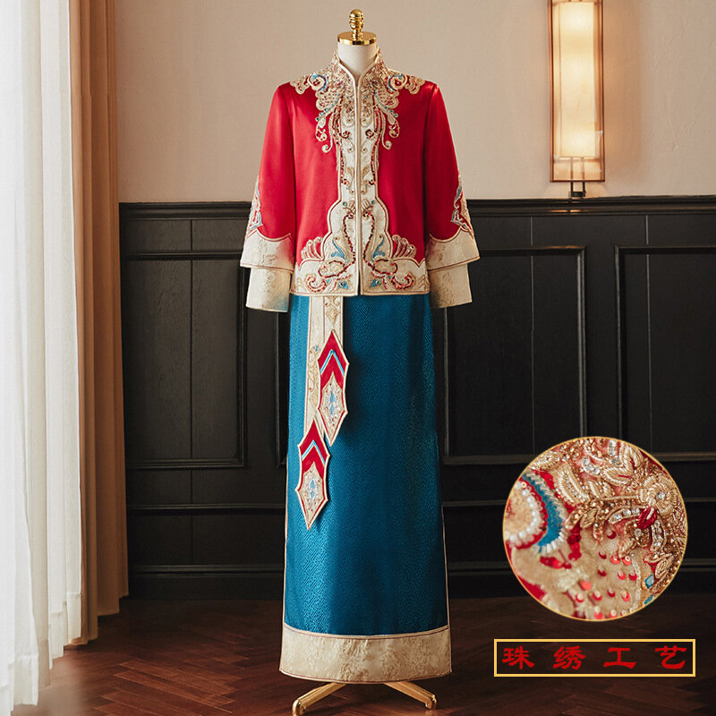 男性のための真珠の刺繍が施された中国の結婚式のドレス,伝統的な服,伝統的なブライダルガウン