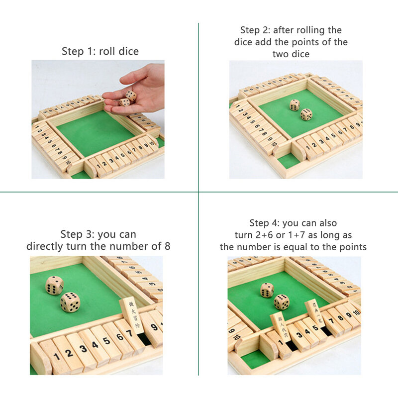 Shut The Box Dice Board Game 2-4 Players Four Sided Wooden Table Game with 1-10 Numbers Carved for Party Club Drinking