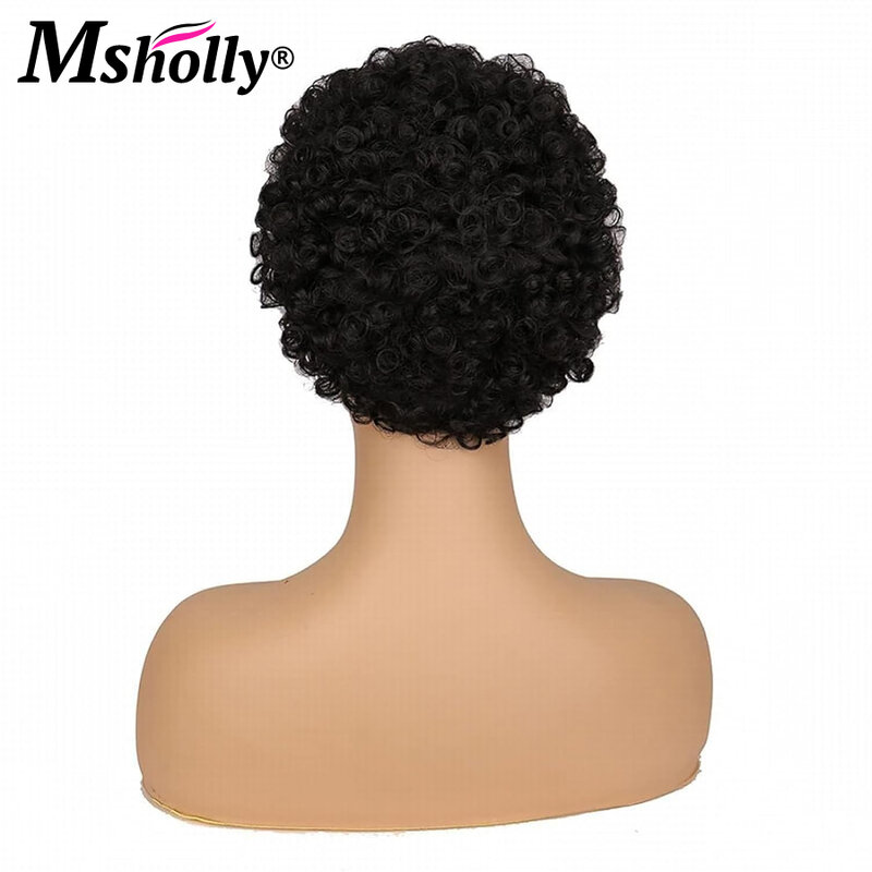 Pelucas de cabello humano brasileño Remy para mujeres negras, pelo corto Afro rizado sin pegamento, corte Pixie, completamente a máquina, 100%