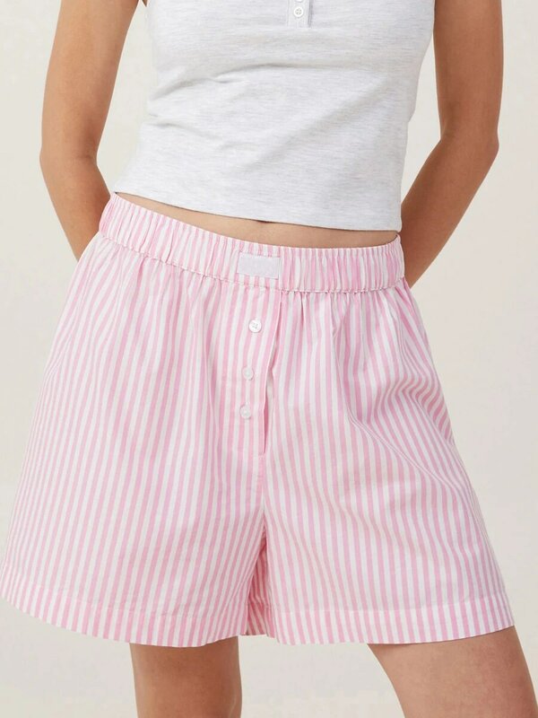 Damen Stripe Print Lounge Shorts elastische Taille Knopf Dekor lose kurze Hosen mit Gesäß tasche Sommer lässig Pyjama Hosen