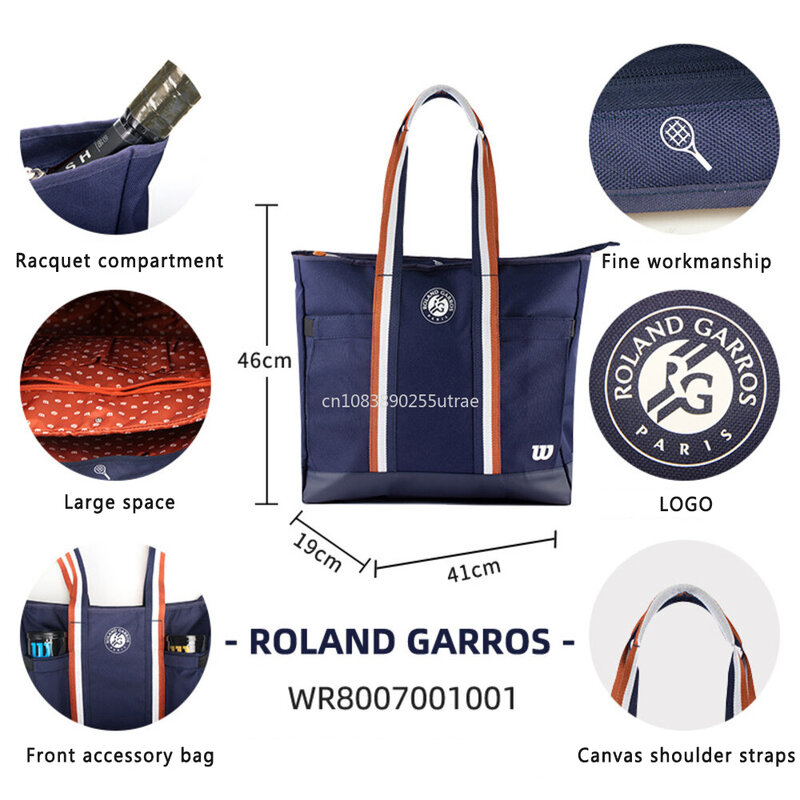 Bolsa de transporte de tenis Wilson Roland Garros, para hasta 2 raquetas, dos compartimentos elásticos, capaz de contener hasta 2 botellas