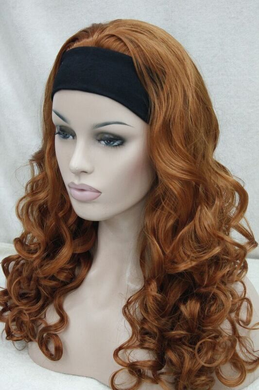 New Hivision 3/4 wig with headband orange brown 130A curly long women's half wig