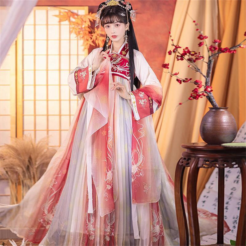 고대 민속 요정 꽃 자수 드레스, 중국 스타일 여성 전통 한푸 당나라 무용 의상