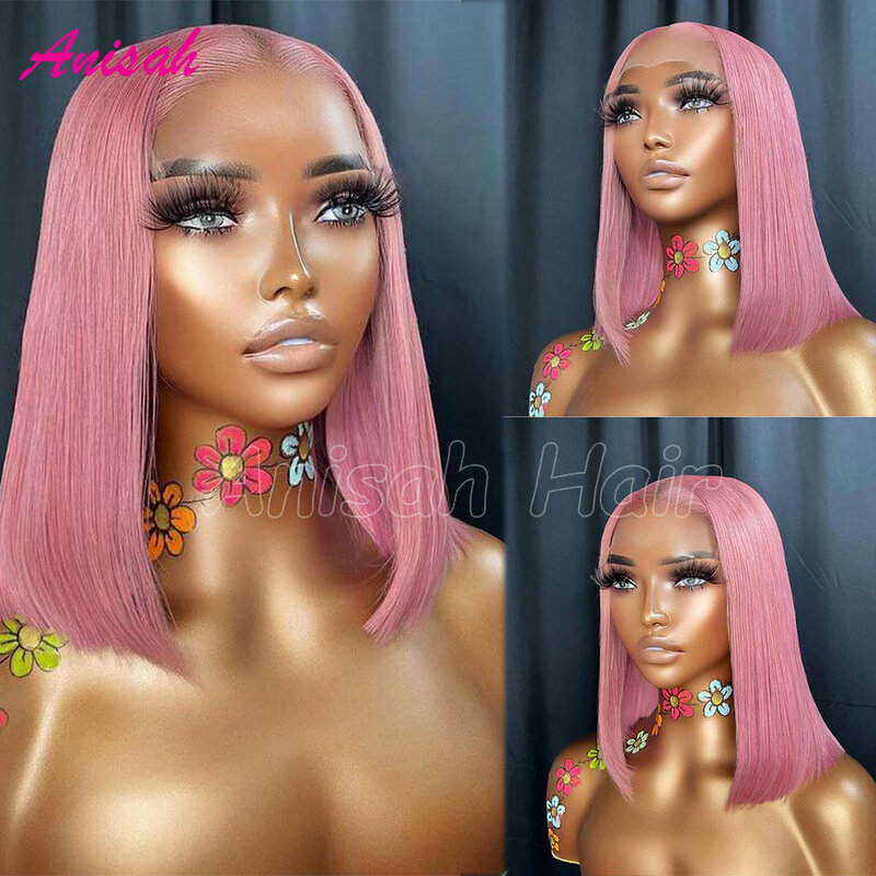 Raw Virgin Hair Colored Pink Lace Front Wig Human Hair For Women Bone Straight Short Bob Lace Frontal Human Hair Wig PrePlucked