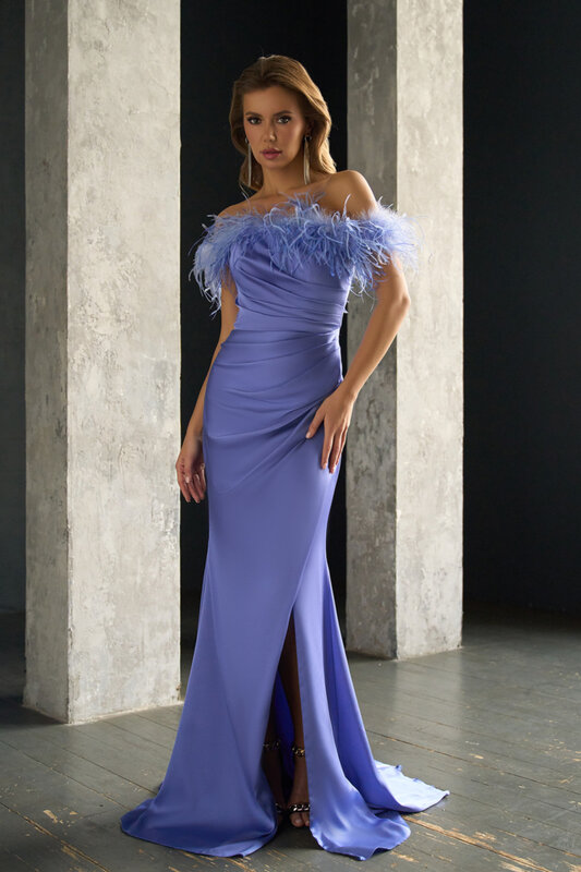Женское атласное платье-футляр с открытыми плечами, плиссированное вечернее платье-Русалка с открытой спиной и высоким разрезом, для выпускного вечера, 2024