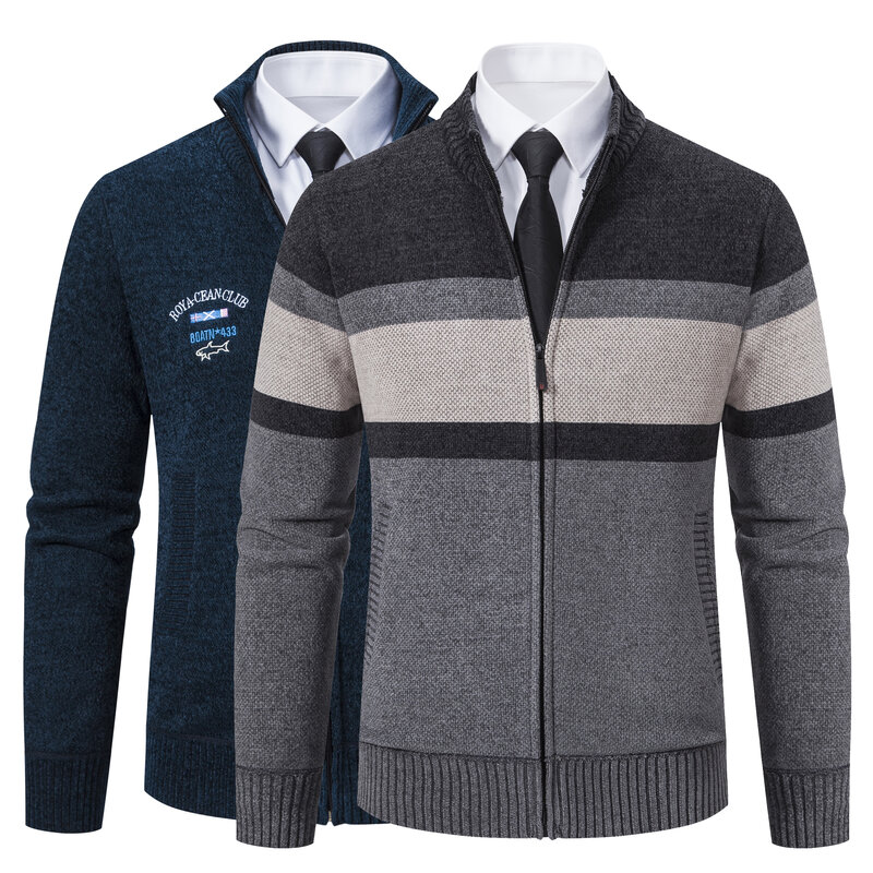 Male Sweater Jacket Winter Men's Fleece Coat Thickened Velvet Overcoat y2k Fashion Striped Zipper Up Cardigan