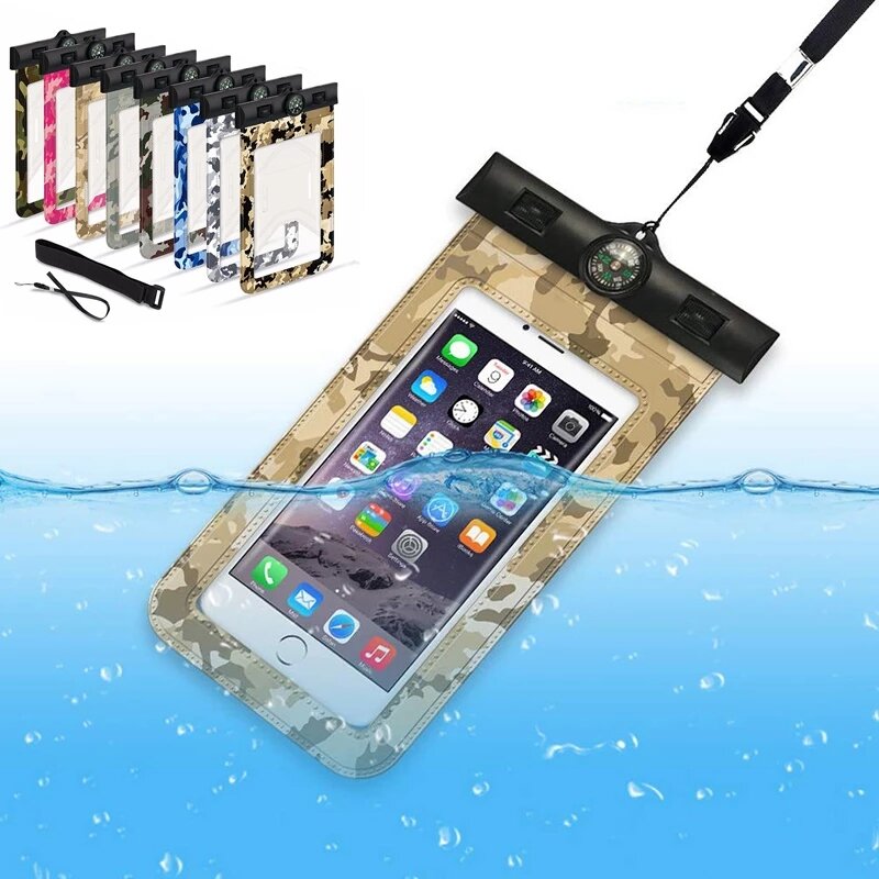 Funda impermeable IPX8 para teléfono, bolsa de natación con brújula, banda para el brazo, buceo submarino, bolsa seca táctil de camuflaje