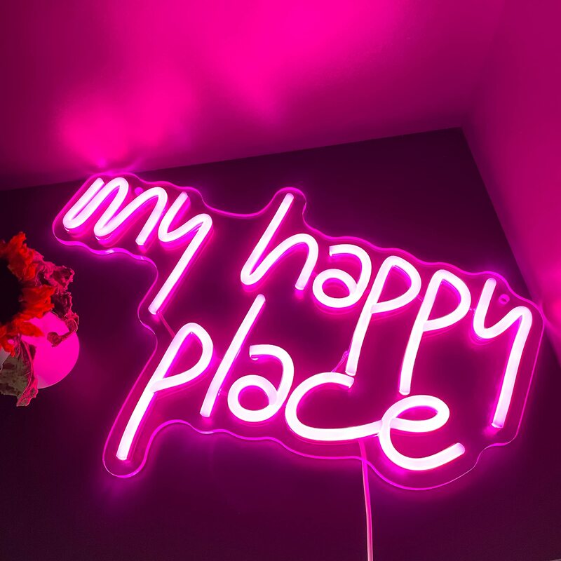 My Happy Place señal de neón LED para decoración de pared, accesorio estético de habitación con letras, color rosa