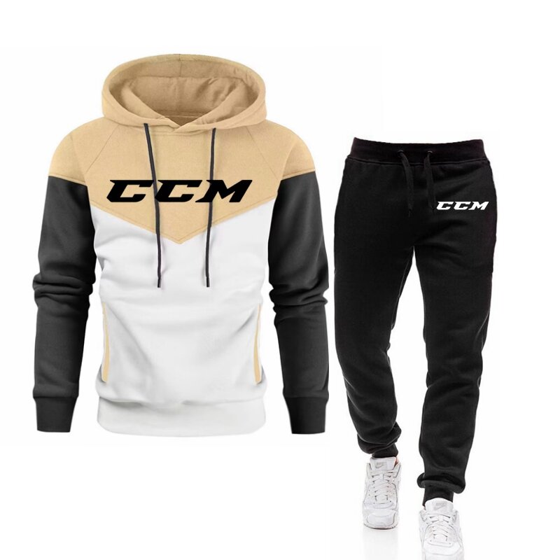 CCM Men's hooded sweatshirt and lace-up pants, tracksuit, athletic hooded sweatshirt, Spring and Autumn 2024, 2 pieces