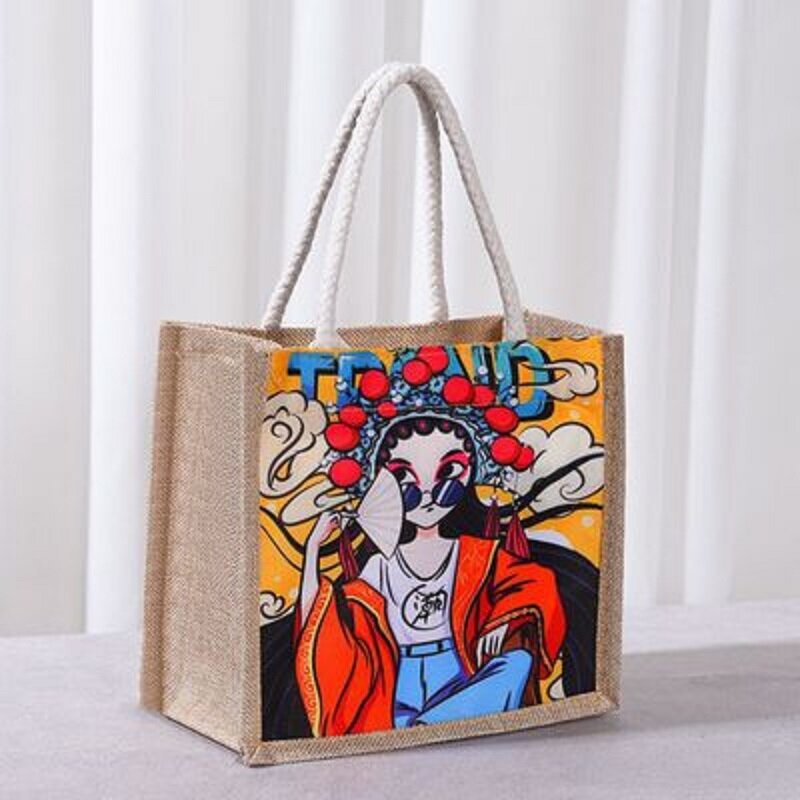Bolsa de lino estampada para compras, bolso de mano de dibujos animados, bolsa de almuerzo, contenedor de cena de viaje portátil, bolso de mano Bento