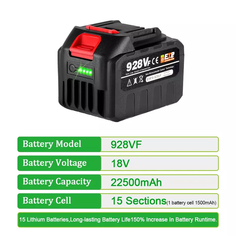 22500mAh 928vf Battery Rechargeable Lithium Ion Battery with Battery Indicator for Makita BL1830 BL1840 BL1850 Power Tool 18650
