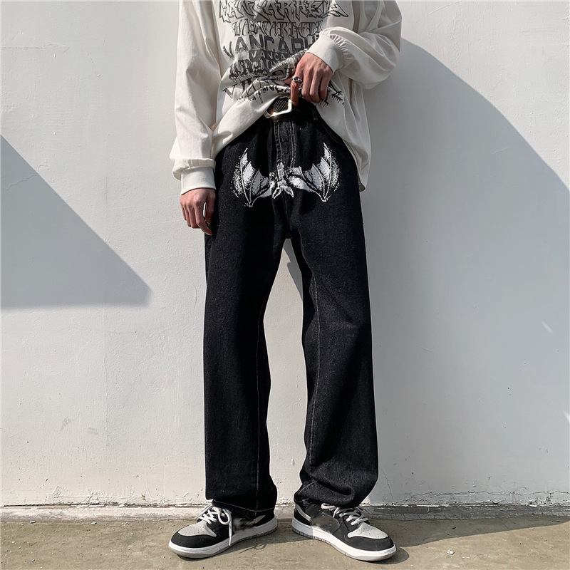 Celana panjang Jeans bercetak pria, bawahan Denim hitam longgar kaki lurus gaya Korea musim semi Y2K