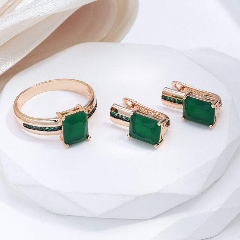 SYOUJYO Square Green Opal Natural Zircon English Earrings For Women Vintage 585 Rose Gold Color Fine Jewelry Black Plating Rings