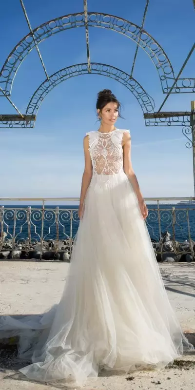 Schönes Mädchen eine Linie Hochzeits kleid gekräuselte Applikation rücken frei Tüll Hochzeits kleid Sweep Zug böhmischen Brautkleid neu