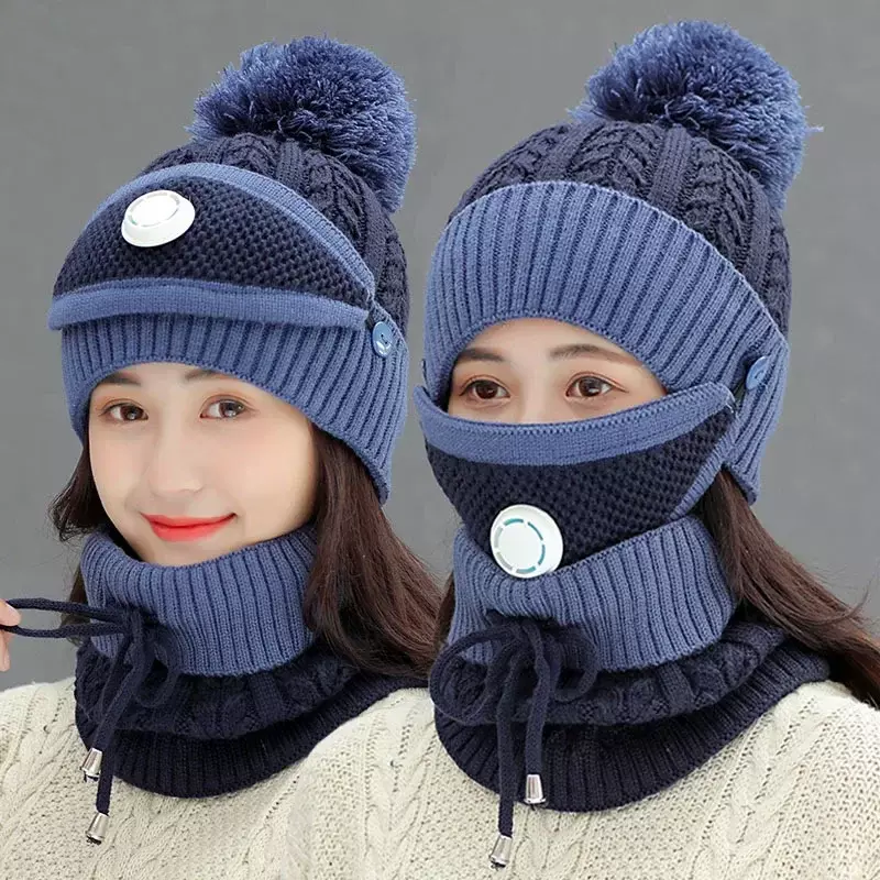 Women Scarf Winter Sets Cap Mask Collar Face Protection Girls Accessory Women Ball Outdoor Cycle Knitted Hat for Adult Ladies