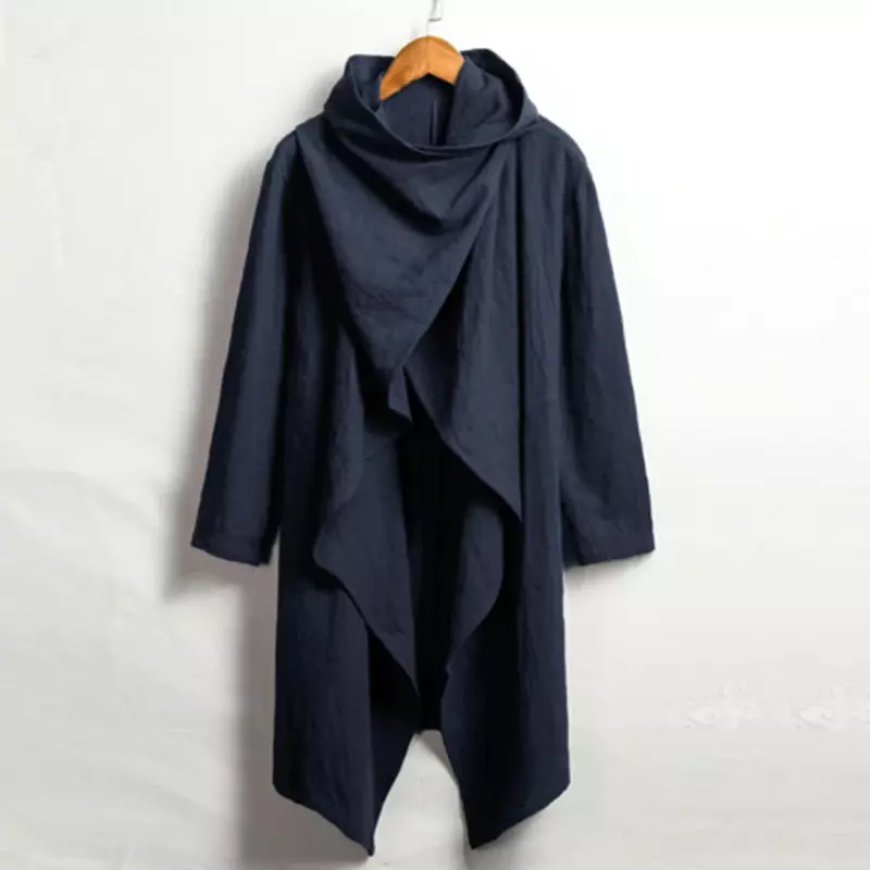Abrigos de manga larga para hombre, gabardina de algodón con cuello de bufanda, capa sólida, chaquetas irregulares Vintage, ropa de calle